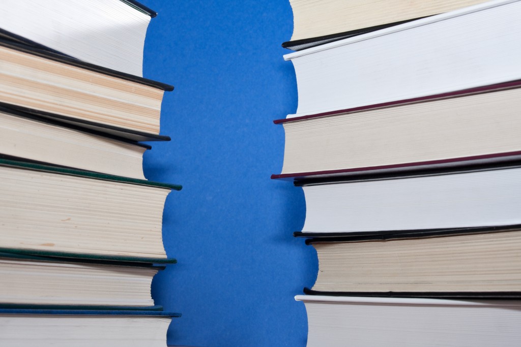 Two stacks of thick books standing parallel to one another with a gap between them through which a blue background can be seen. The books have white and creamy paper colors and mostly dark hardcovers.